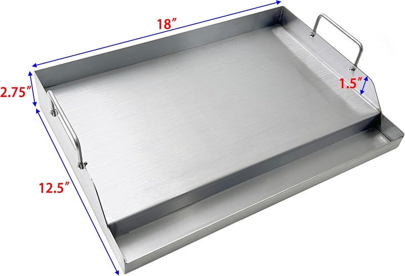 Direct Store Parts DS126 Stainless Steel BBQ Cooking Griddle, Universal Flat Top Griddle with 2 Handles for Most Gas Grills, W18"×D12.5"×H2.75", Heavy Duty Stainless Steel Griddle 1pc, Middle size - Image 2